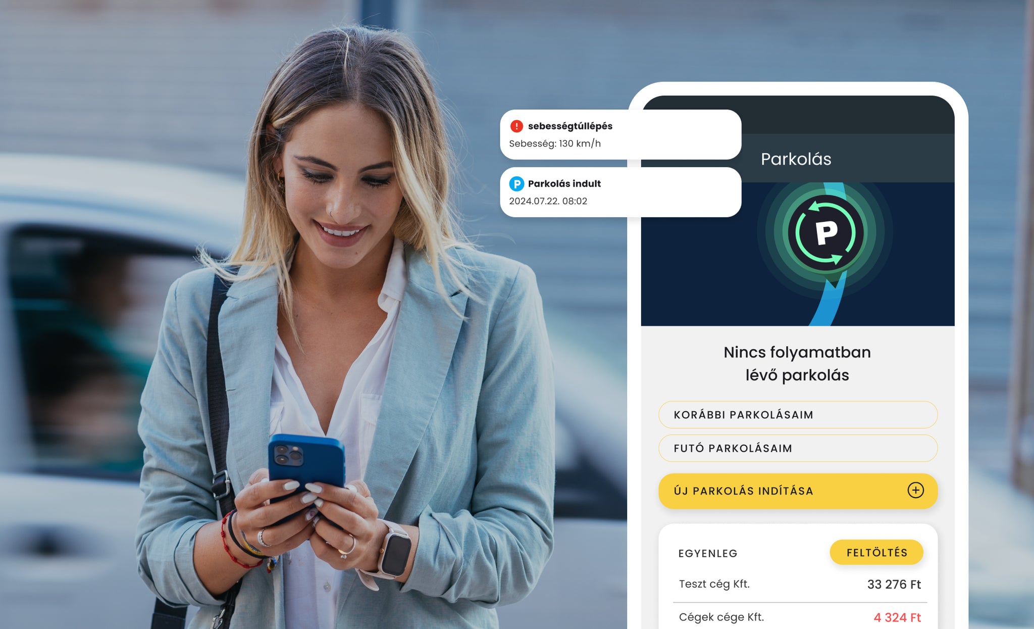 Kép, amely egy okostelefon képernyőjét mutatja, amint parkolás indítása történik egy parkolási alkalmazás segítségével.