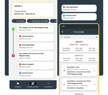 Kép egy útnyilvántartás visszaellenőrzéséről, amely részletes adatokat és statisztikákat mutat a jármű használatáról és útvonalakról.