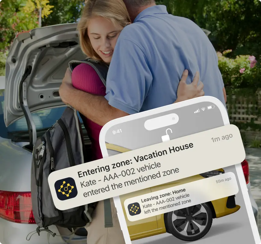 A screenshot of a GPS-based system that sends notifications when your loved ones reach a certain point or leave an area. The app lets you see that they have arrived at their destination safely and on time, without having to call.